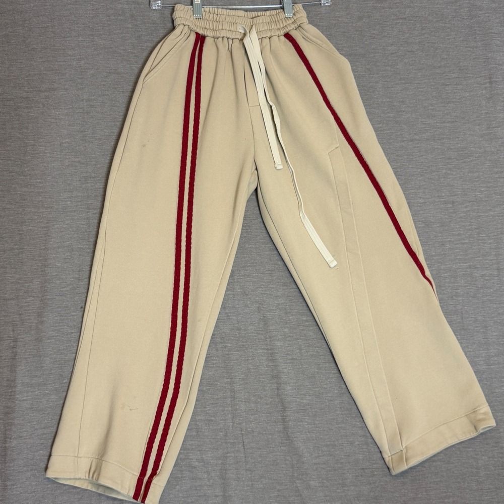 MNR Beige Sweatpants with Red Stripe Detail Elastic Waist Drawstring Size M